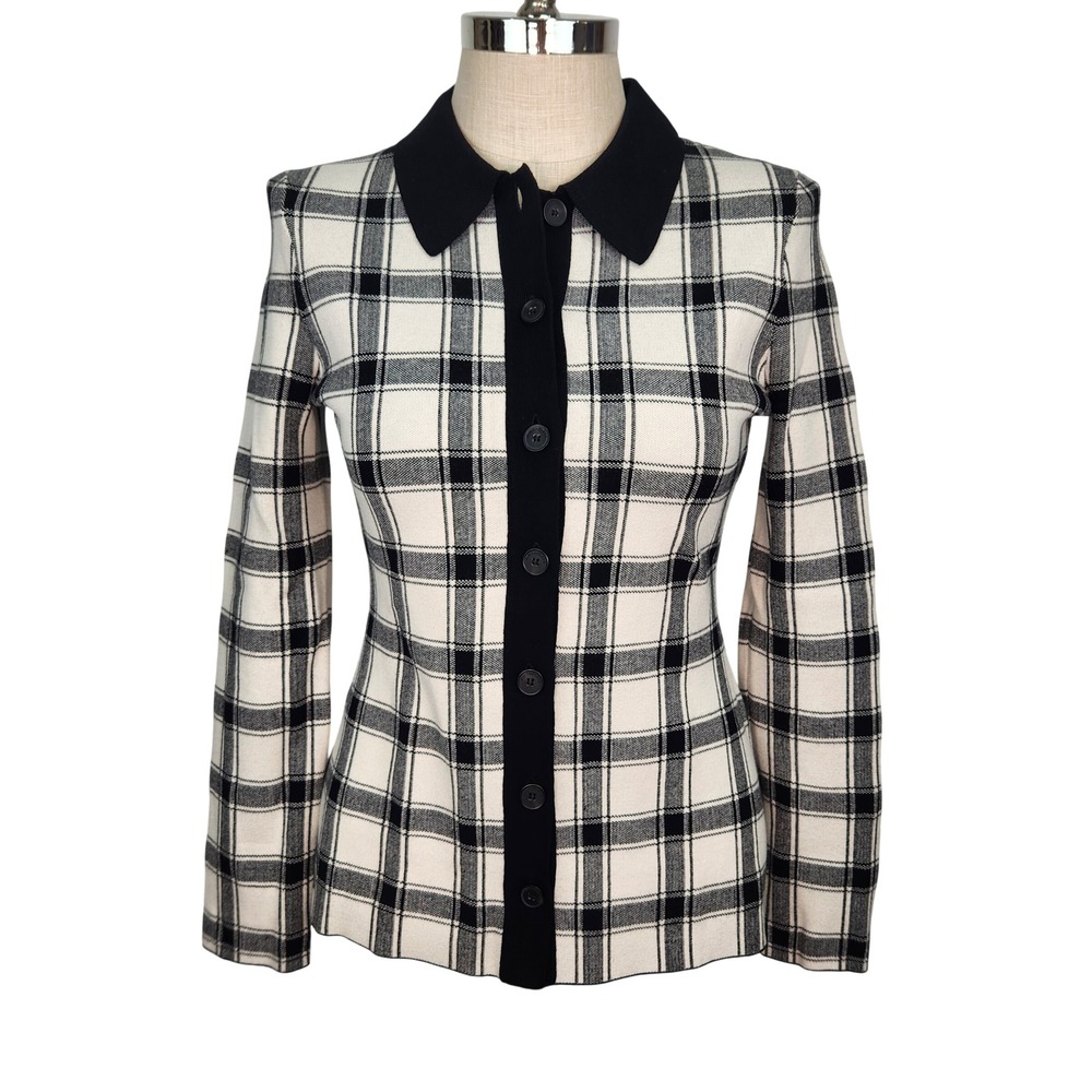 MM LaFleur Black White Windowpane Plaid Knit Button Front Cardigan Top L Slim